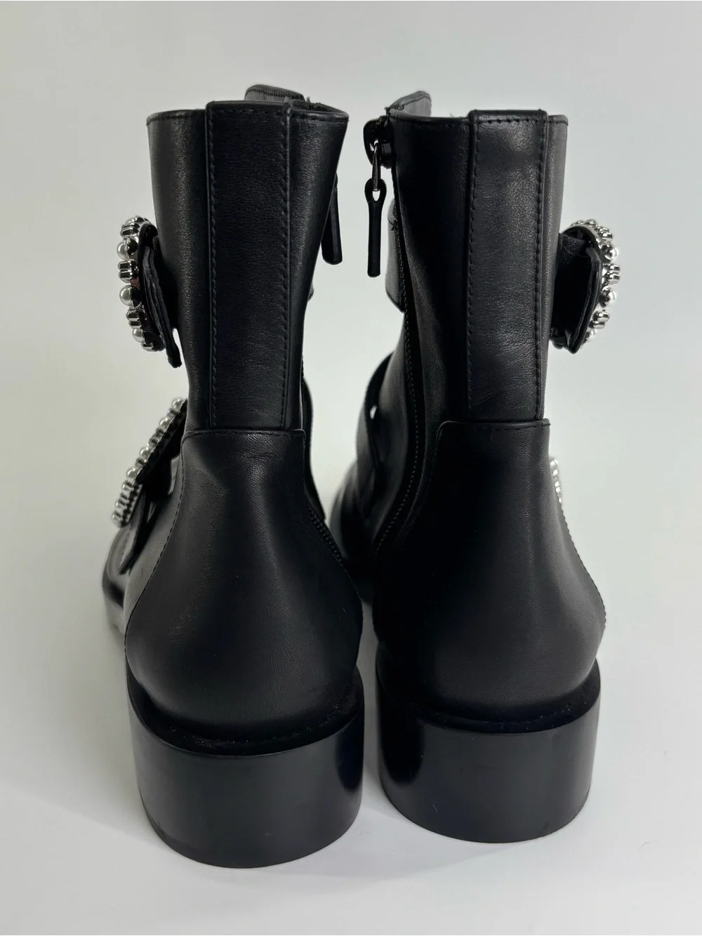 Stuart Weitzman Ryder boots 9 black Geo Buckle Pearl Crystal